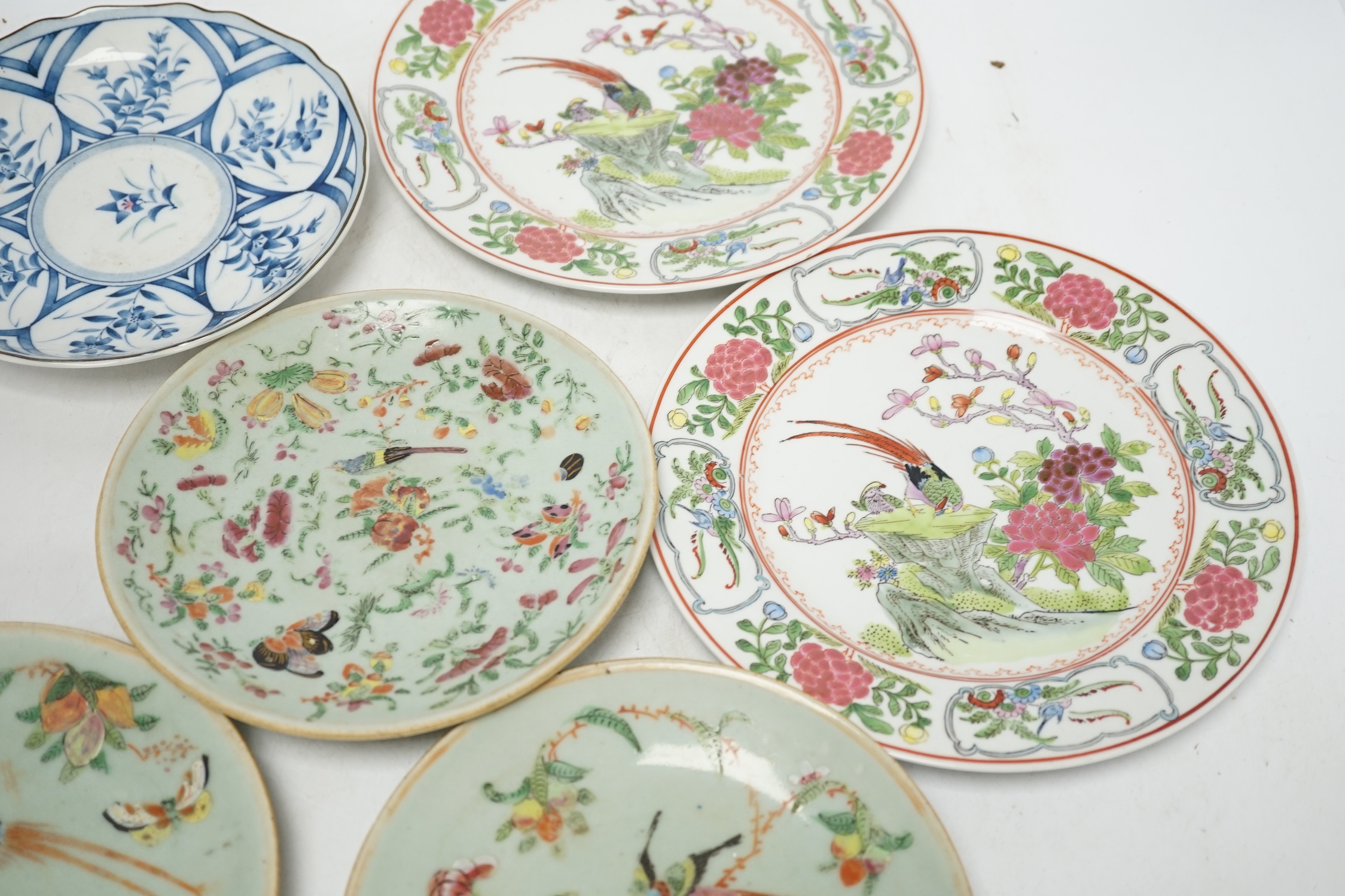 Six various Chinese plates including three 19th century celadon ground plates, largest 23cm diameter. Condition - fair